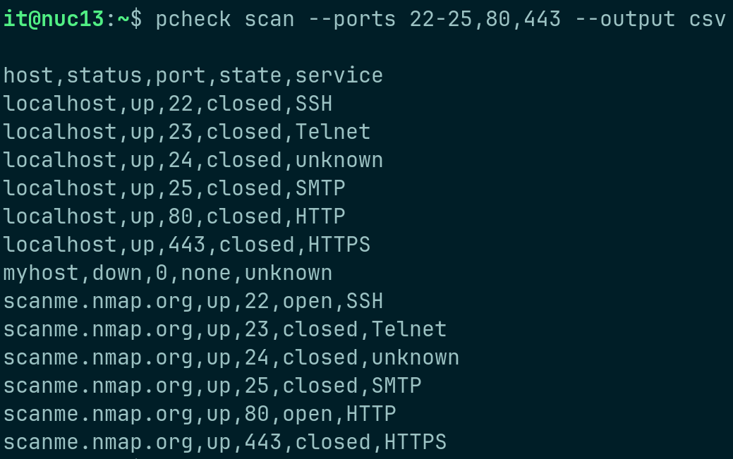 Detailed pcheck CLI terminal output (CSV format)