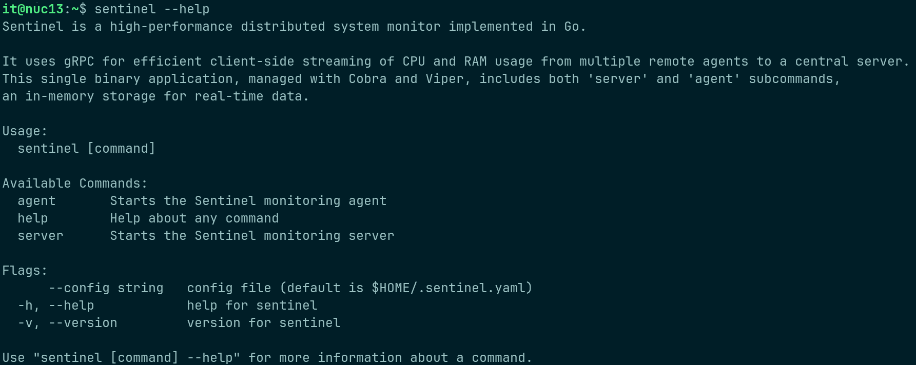 Sentinel help command output